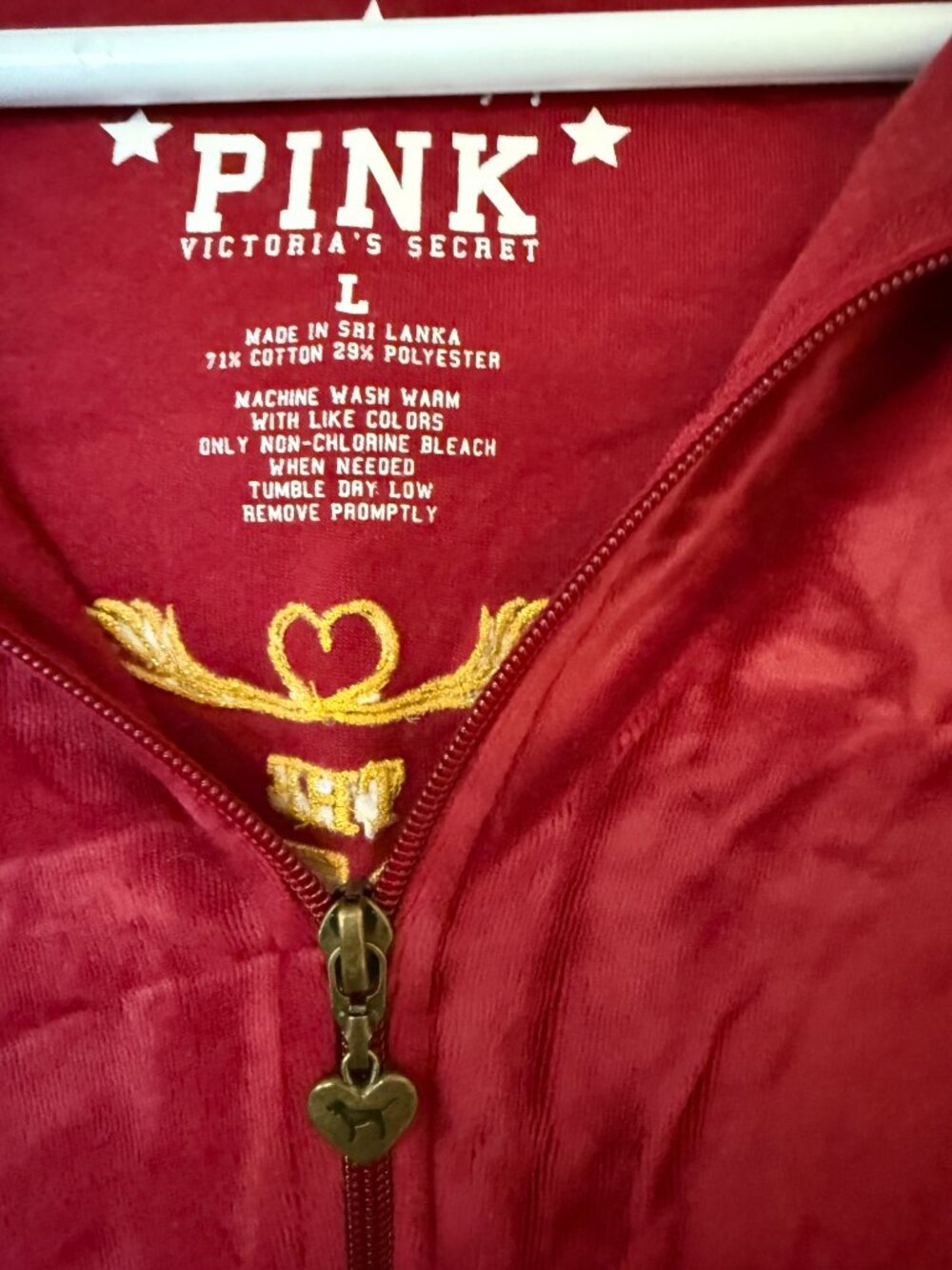 Y2K PINK Victoria’s Secret Velour Zip Hoodie Red Gold Graphic Back Size L - Picture 5 of 5